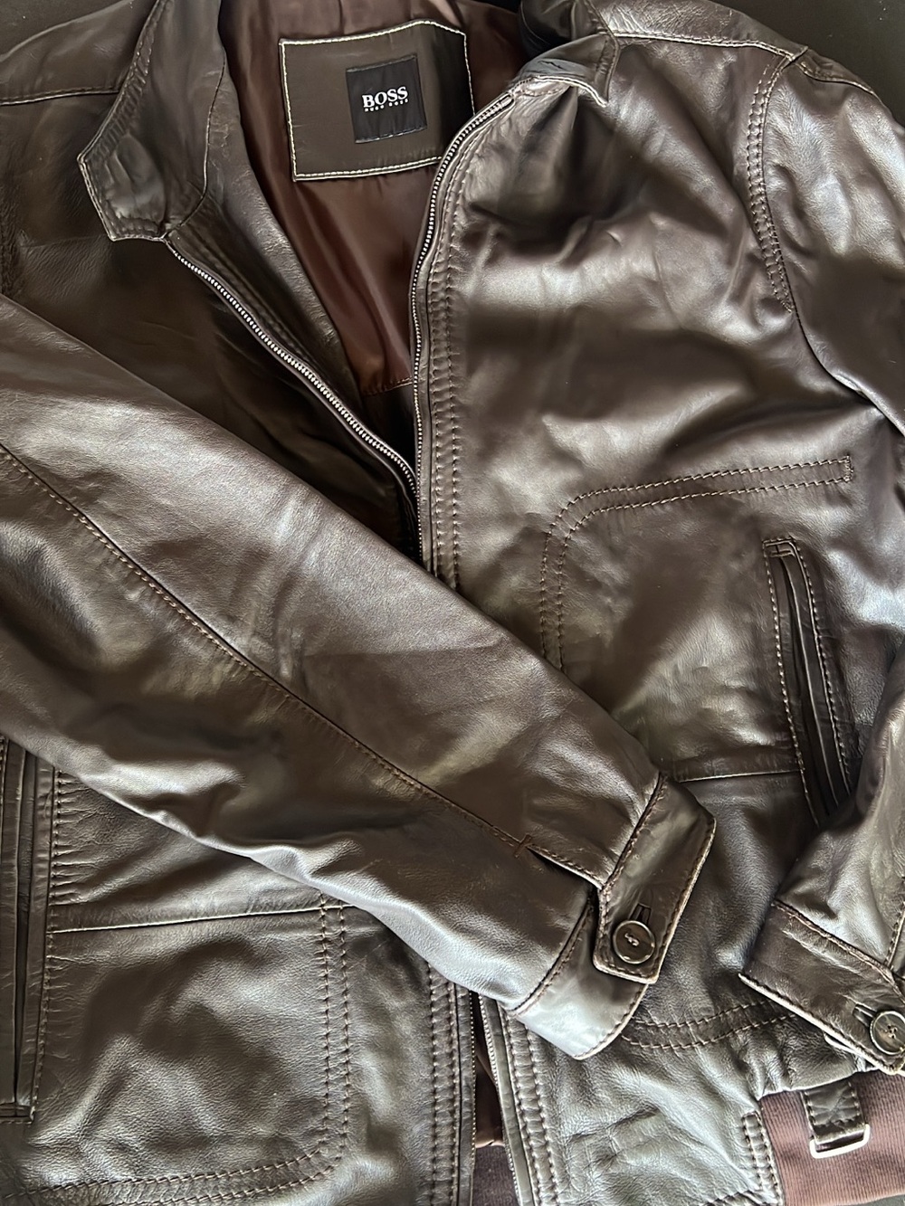 Hugo Boss Men's Dark Brown Leather Bomber Jacket